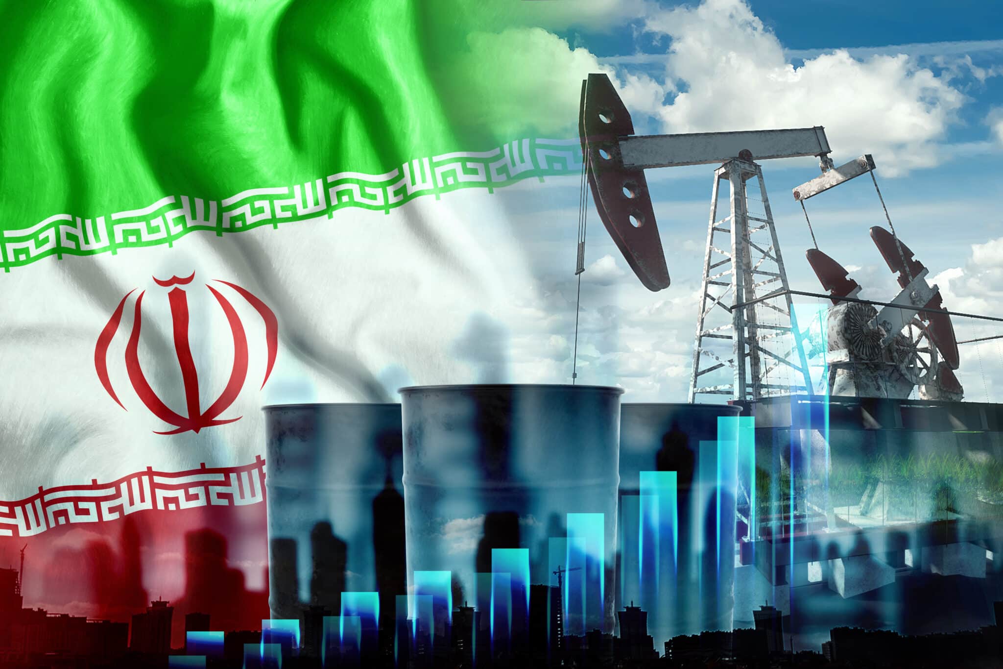 Image,Of,The,Iranian,Flag,,Oil,Pump,Rig,And,Barrels